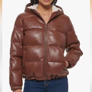 Leviโs Vegan Leather Quilted Hooded Puffer โ Dark Brown โ Size Large